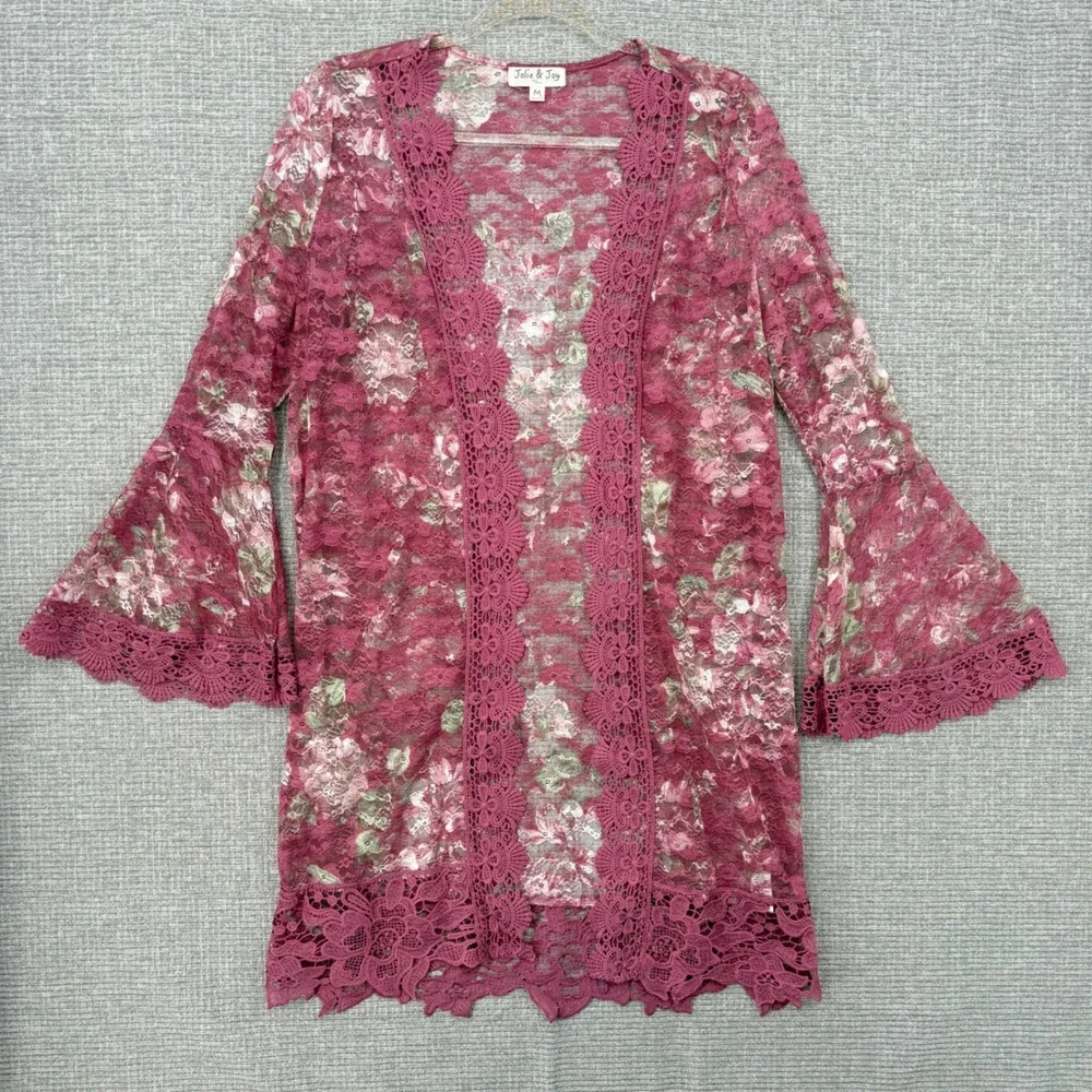 Jolie & Joy Floral Lace Open Front Duster Kimono Women M Pink Bell Sleeve Boho